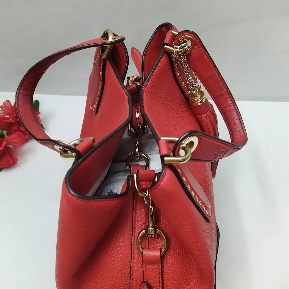 Michael Kors Brooklyn Red Leather Tassel Double Handle Satchel Shoulder Bag